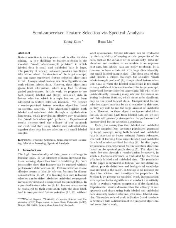 (PDF) Semi-supervised feature selection via spectral analysis