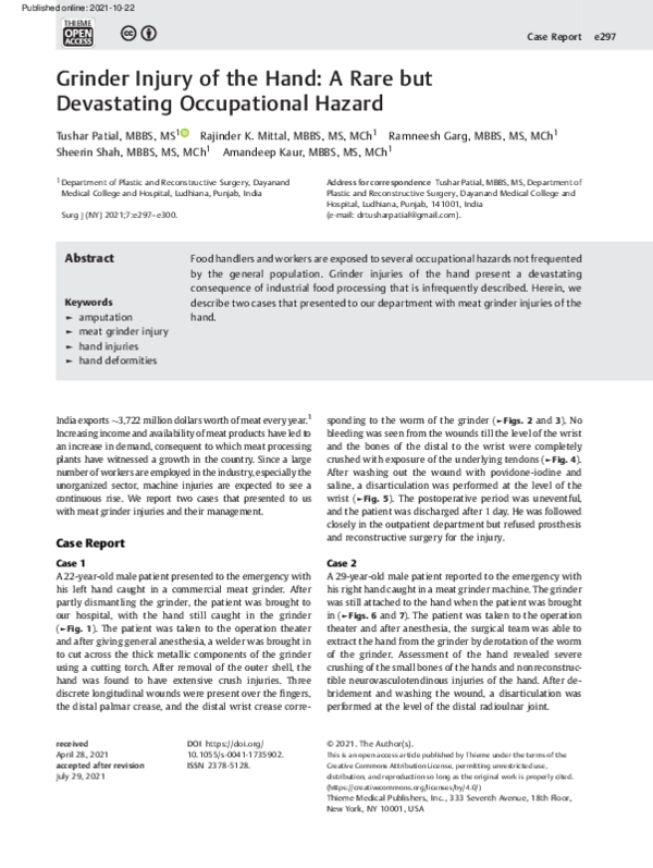 (PDF) Grinder Injury of the Hand A Rare but Devastating Occupational