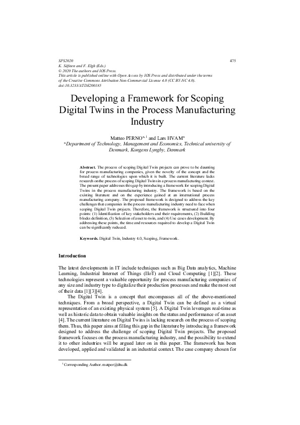 (PDF) Developing a Framework for Scoping Digital Twins in the Process ...