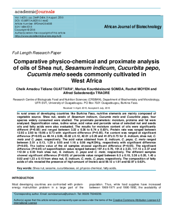 (PDF) Comparative physico-chemical and proximate analysis of oils of ...