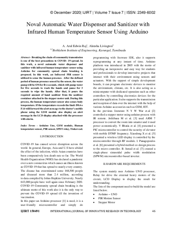 (PDF) Noval Automatic Water Dispenser and Sanitizer with Infrared Human