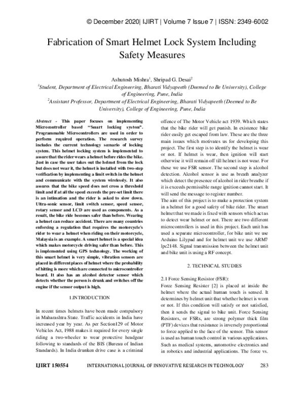 Pdf Fabrication Of Smart Helmet Lock System Including Safety Measures
