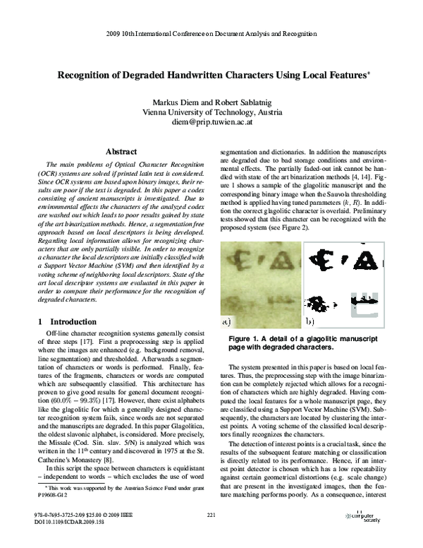 (PDF) Recognition of degraded handwritten characters using local features