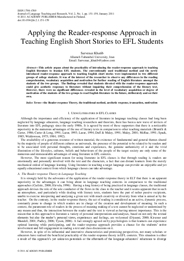 (PDF) Applying the Reader-response Approach in Teaching English Short ...