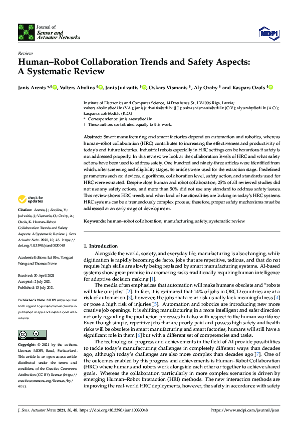 (PDF) Human–Robot Collaboration Trends and Safety Aspects: A Systematic ...