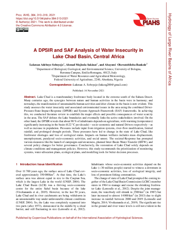 (PDF) A DPSIR and SAF Analysis of Water Insecurity in Lake Chad Basin ...