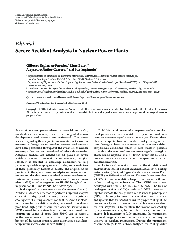 (PDF) Severe Accident Analysis in Nuclear Power Plants