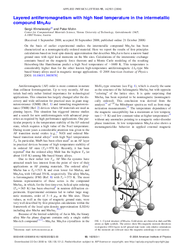 (PDF) Layered antiferromagnetism with high Neel temperature in the ...