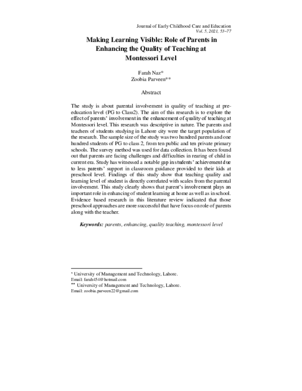 (PDF) Making Learning Visible: Role of Parents in Enhancing the Quality ...