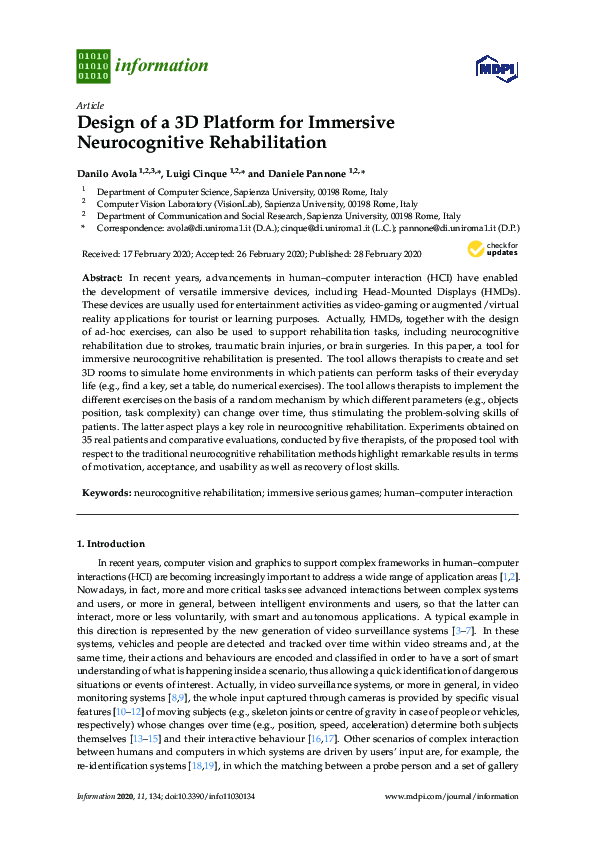 (PDF) Design of a 3D Platform for Immersive Neurocognitive Rehabilitation