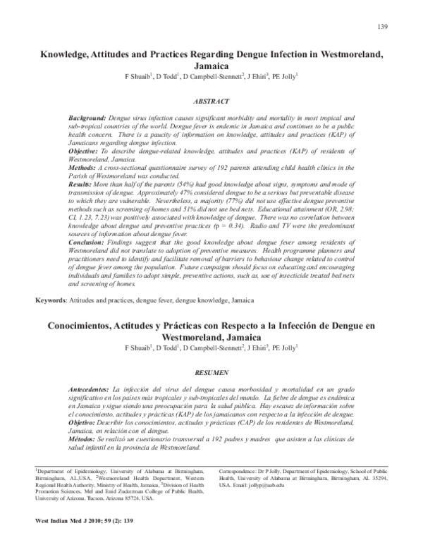 (PDF) Knowledge, Attitudes and Practices Regarding Dengue Infection in ...