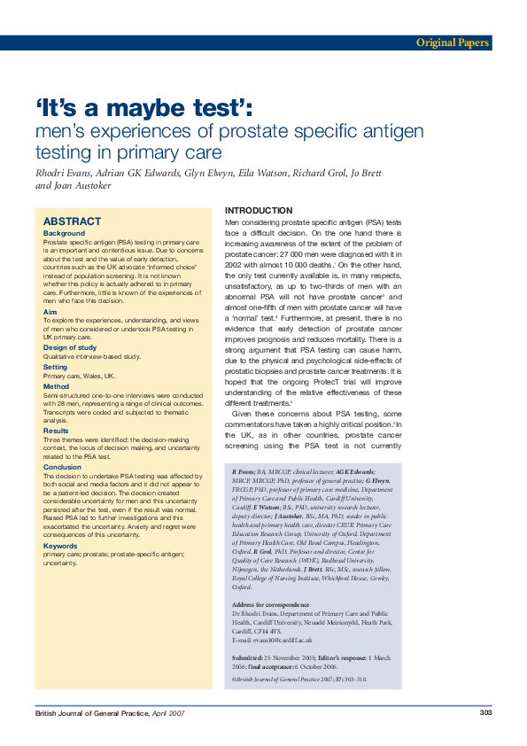 (PDF) ‘It's a maybe test’: men's experiences of prostate specific ...