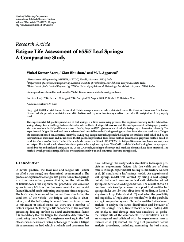 (PDF) Fatigue Life Assessment of 65Si7 Leaf Springs: A Comparative Study