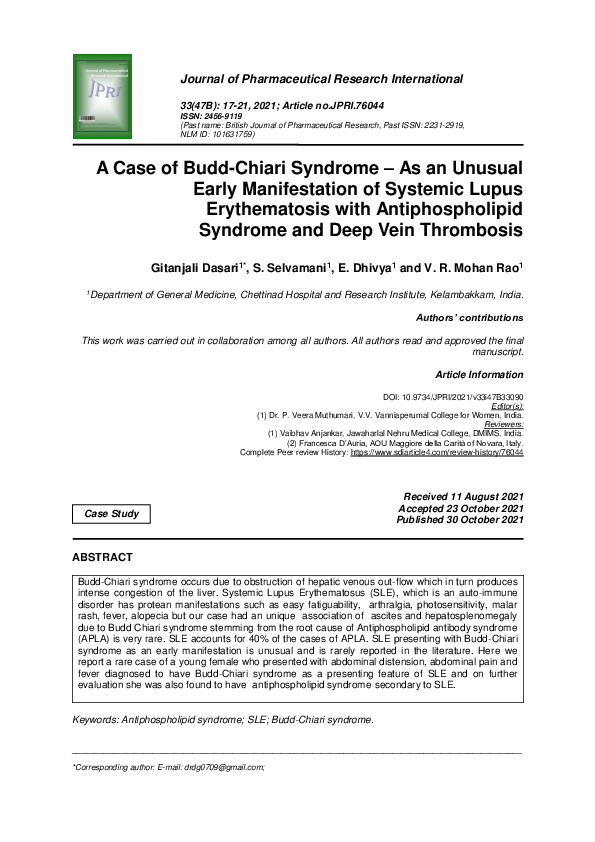 (PDF) A Case of Budd-Chiari Syndrome – As an Unusual Early ...