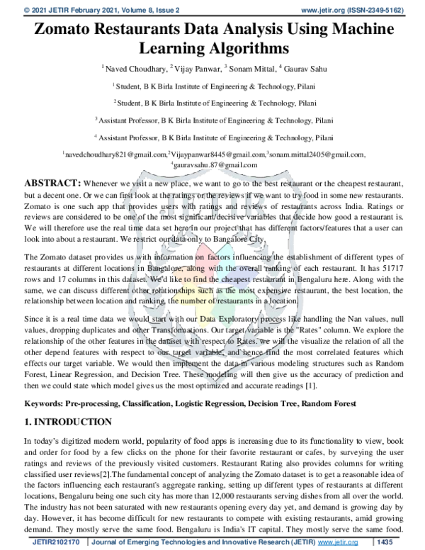 (PDF) Zomato Restaurants Data Analysis Using Machine Learning Algorithms