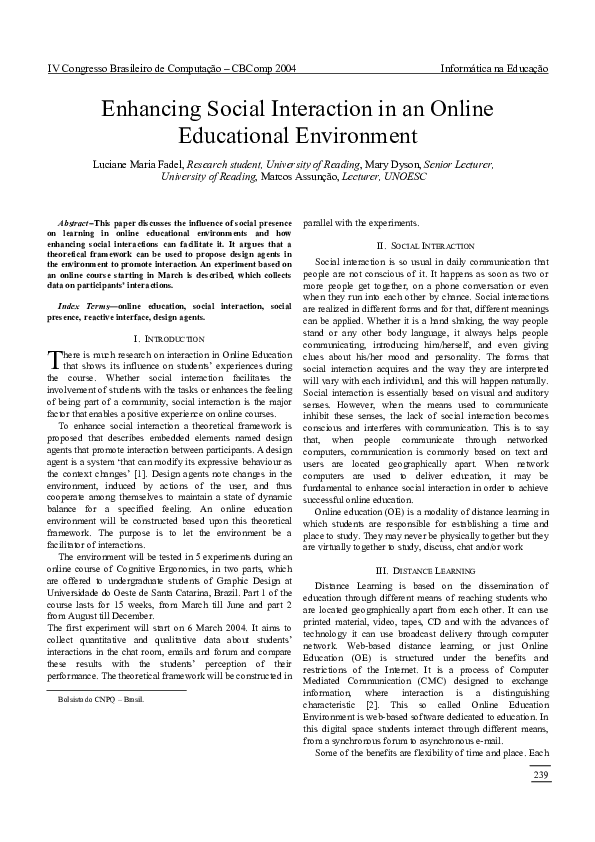(PDF) Enhancing Social Interaction in an Online Educational Environment