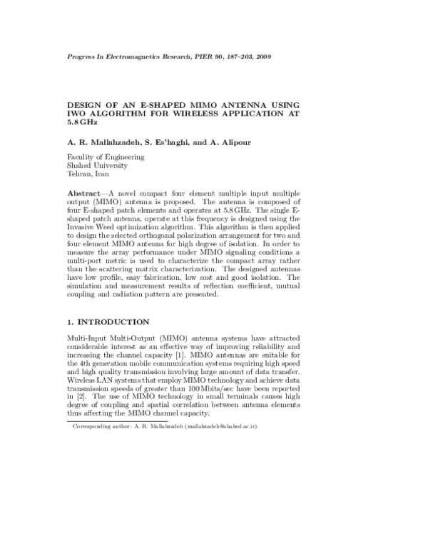 (PDF) Design of an E-Shaped Mimo Antenna Using Iwo Algorithm for ...