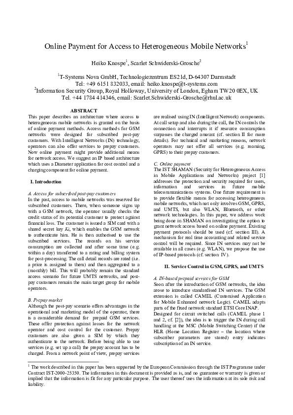 PDF) Online Payment for Access to Heterogeneous Mobile Networks1 | Scarlet  Schwiderski-grosche - Academia.edu