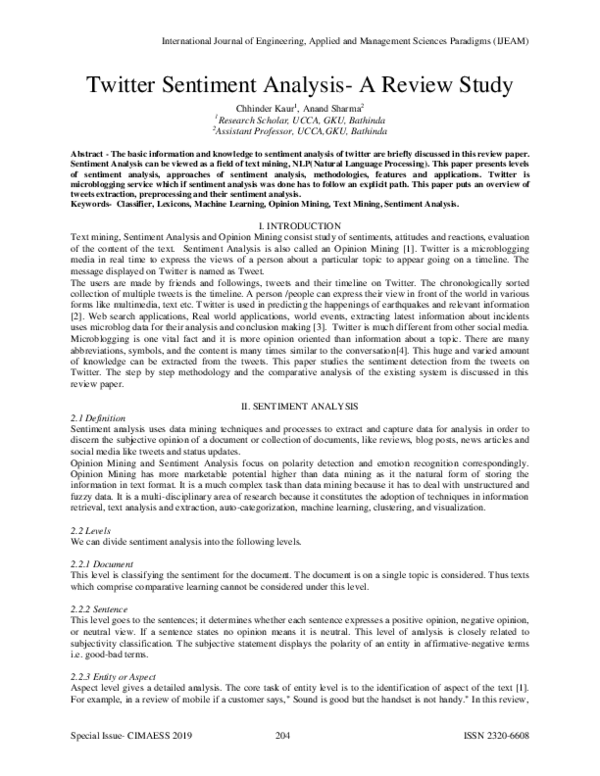 (PDF) Twitter Sentiment Analysis- A Review Study