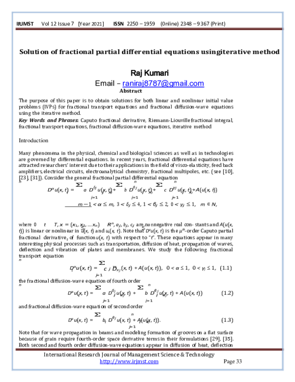 (PDF) Solution of fractional partial differential equations using ...