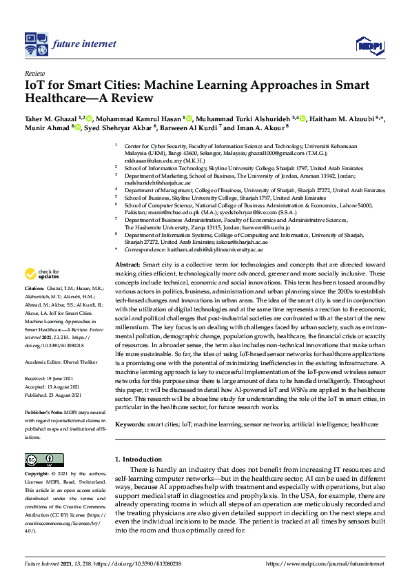 (PDF) IoT for Smart Cities: Machine Learning Approaches in Smart ...