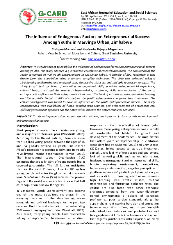 The Influence of Endogenous Factors on Entrepreneurial Success Among Youths in Masvingo Urban, Zimbabwe