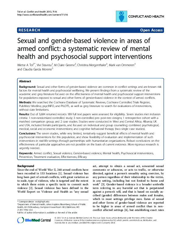 (PDF) Sexual and gender-based violence in areas of armed conflict: a ...