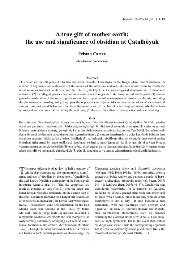 (PDF) A true gift of mother earth the use and significance of obsidian at Çatalhöyük Tristan