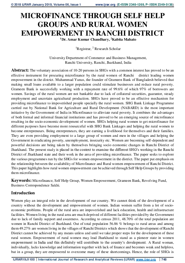 (PDF) MICROFINANCE THROUGH SELF HELP GROUPS AND RURAL WOMEN EMPOWERMENT ...