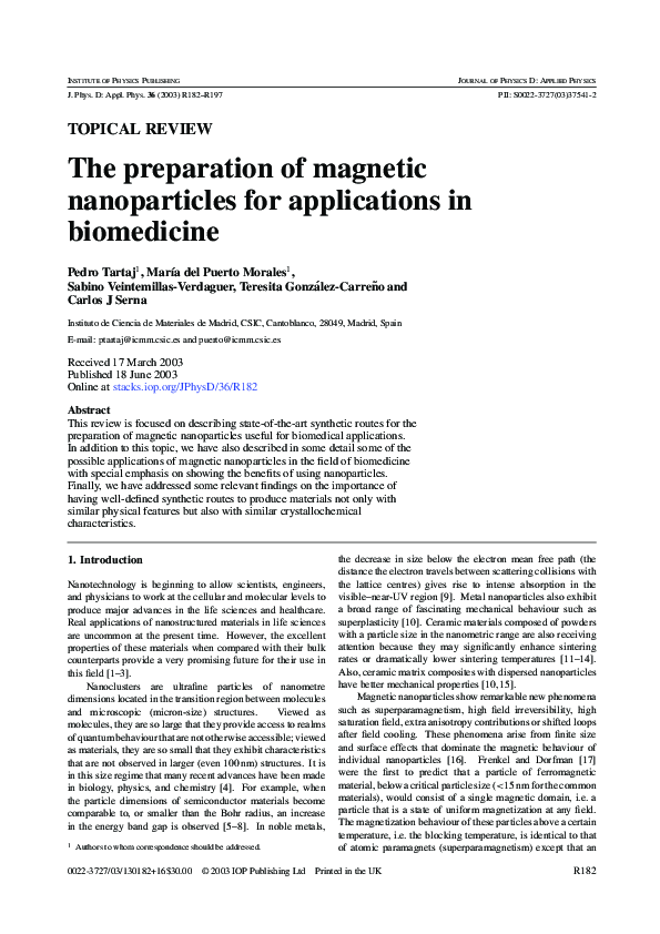 (PDF) The Preparation of Magnetic Nanoparticles for Applications In ...