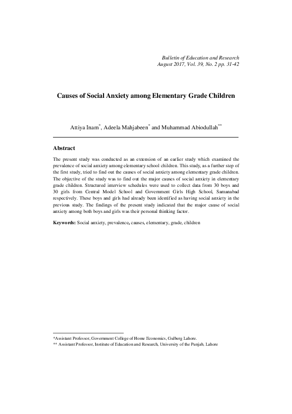 (PDF) Causes of Social Anxiety among Elementary Grade Children