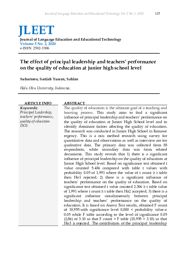 (PDF) The Effect of Principal Leadership and Teachers’ Performance on ...