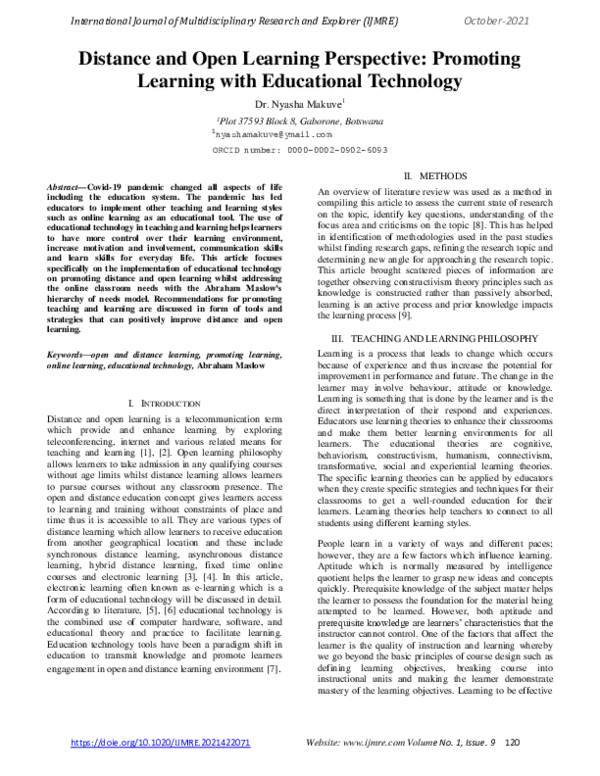 (PDF) Distance and Open Learning Perspective: Promoting Learning with ...