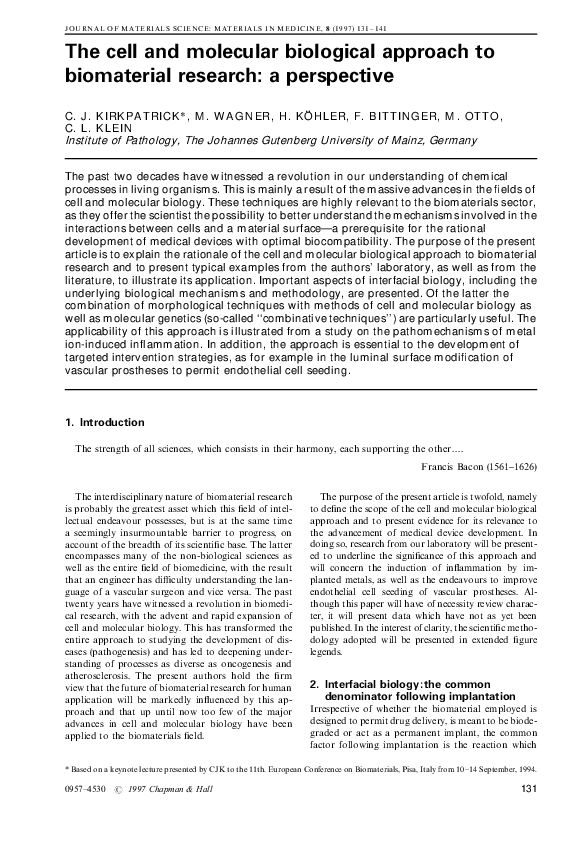 (PDF) The cell and molecular biological approach to biomaterial ...