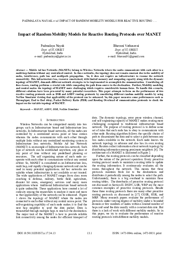 (PDF) Impact of Random Mobility Models for Reactive Routing Protocols ...
