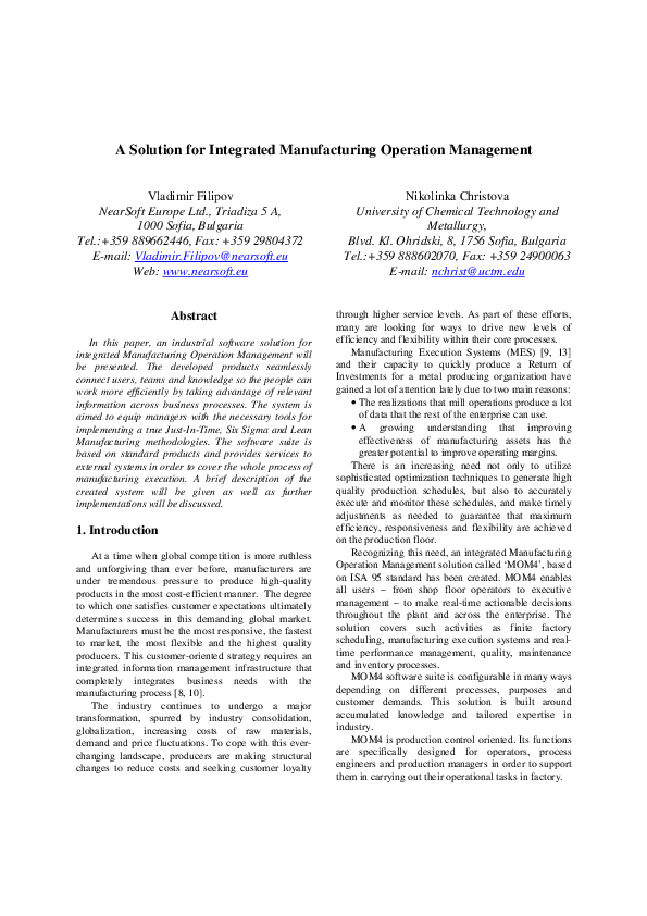 (PDF) A Solution for Integrated Manufacturing Operation Management