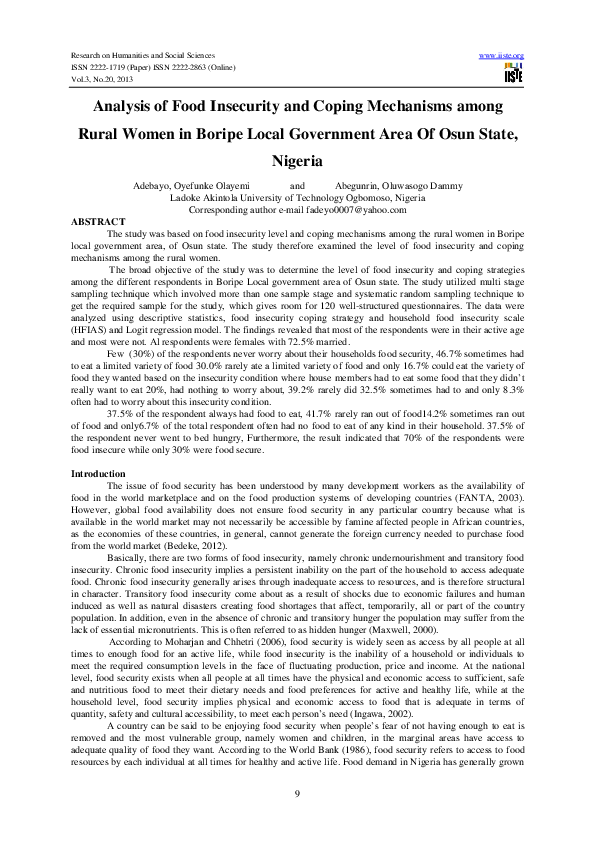 (PDF) Analysis of Food Insecurity and Coping Mechanisms among Rural ...