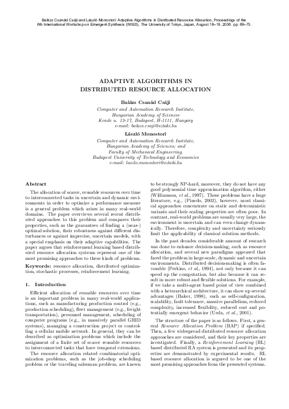 (PDF) Adaptive algorithms in distributed resource allocation