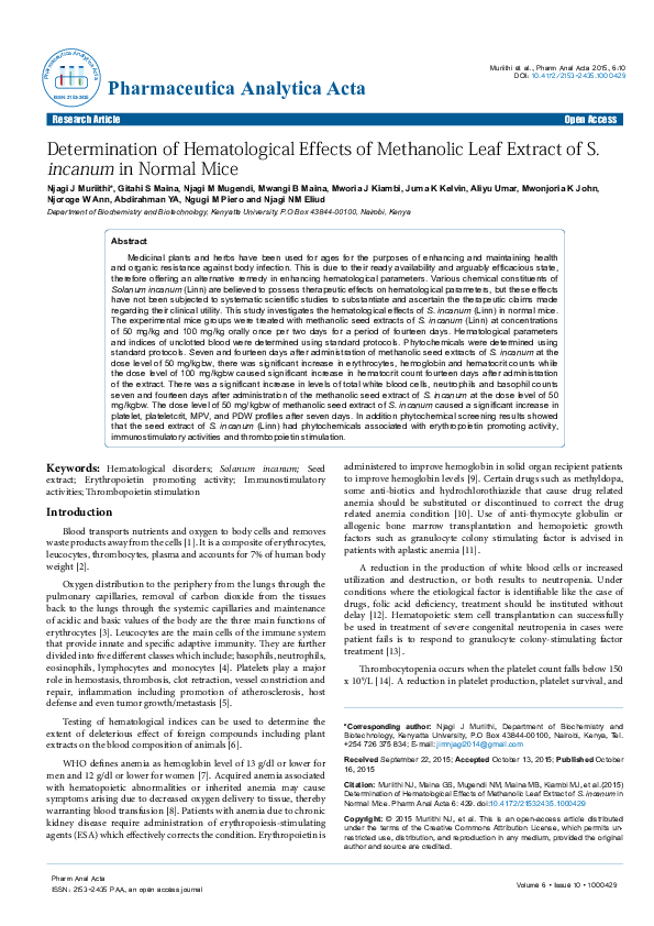 (PDF) Determination of Hematological Effects of Methanolic Leaf Extract ...