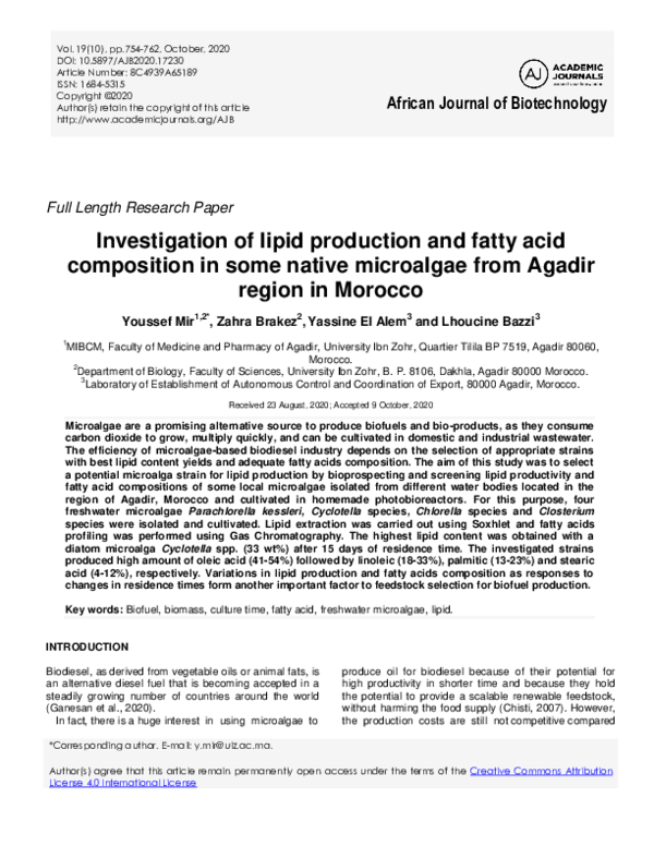 (PDF) Investigation of lipid production and fatty acid composition in ...