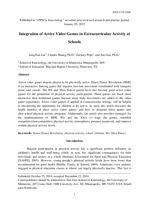(PDF) Integration of Active Video Games in Extracurricular Activity at ...