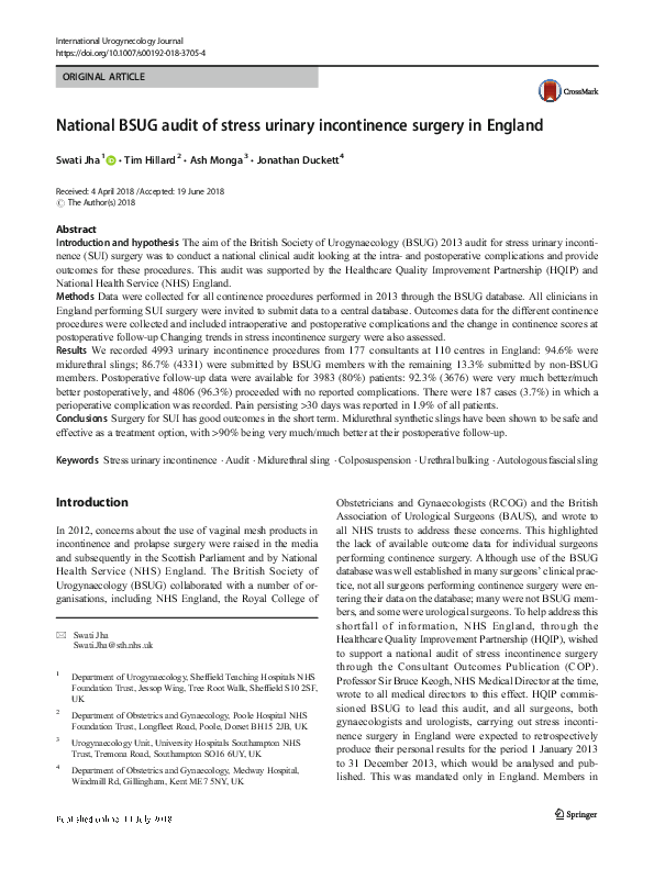 (PDF) National BSUG audit of stress urinary incontinence surgery in England