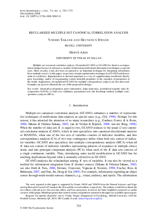 (PDF) Regularized multiple-set canonical correlation analysis