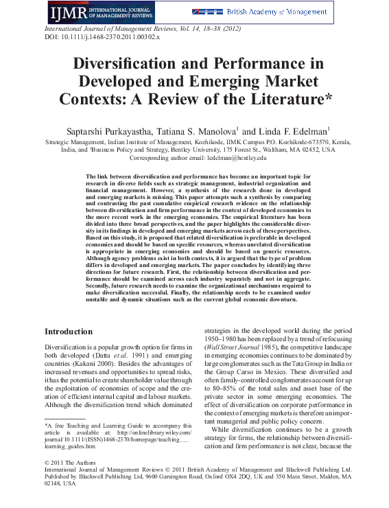 (PDF) Diversification and Performance in Developed and Emerging Market ...