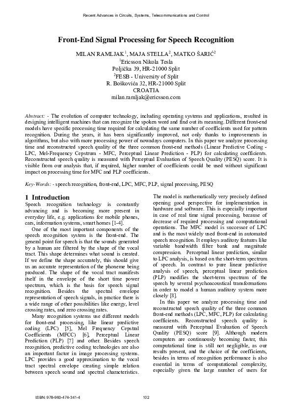 (PDF) Front-End Signal Processing for Speech Recognition