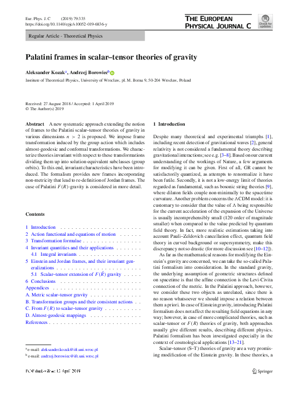 (PDF) Palatini frames in scalar–tensor theories of gravity