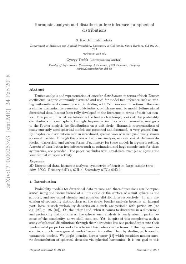 (PDF) Harmonic analysis and distribution-free inference for spherical ...