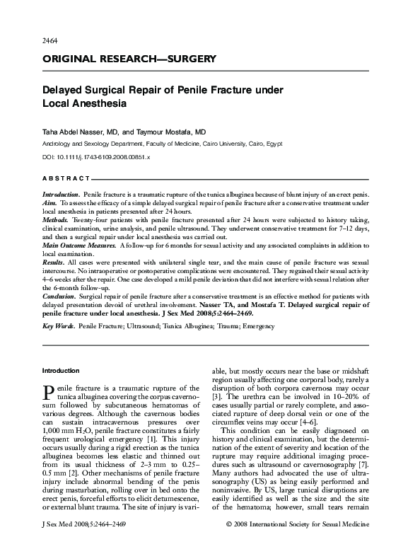 (PDF) Delayed Surgical Repair of Penile Fracture under Local Anesthesia