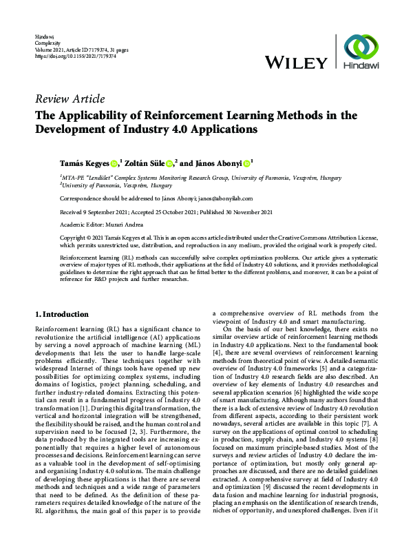 (PDF) The Applicability of Reinforcement Learning Methods in the ...