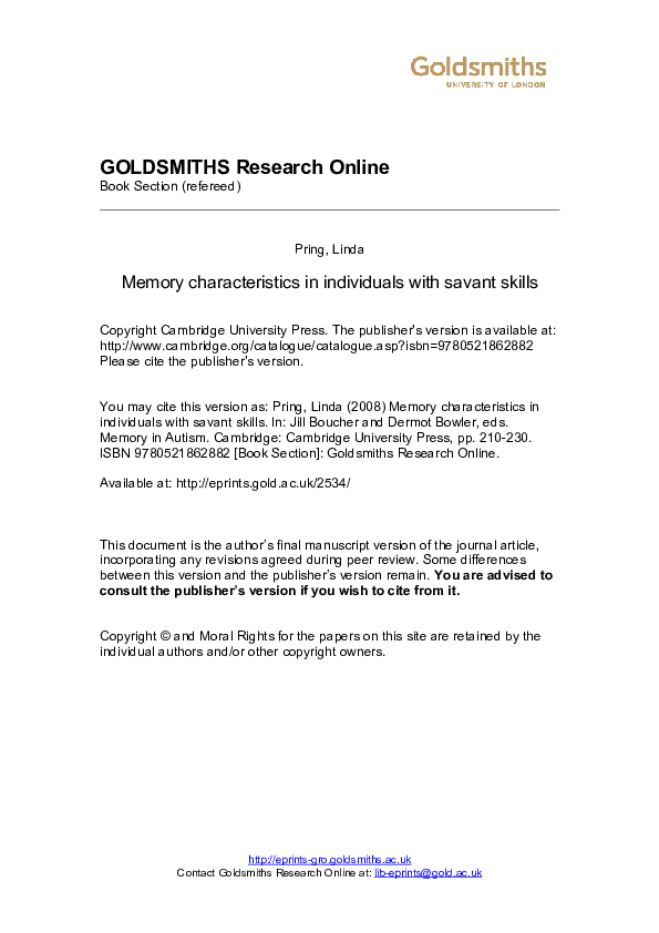 (PDF) Memory characteristics in individuals with savant skills
